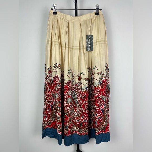 Vintage Jones New York Cream Red Blue Paisley Floral Pleated Midi Skirt - Picture 1 of 8